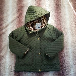 JCrew Crewcuts green quilted,hooded, light weight with leopard print hood size8